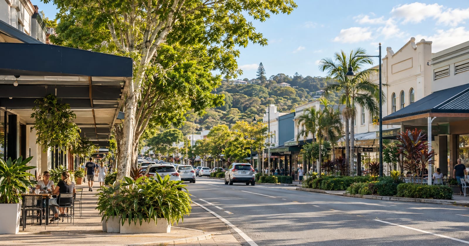 Tree-lined main street in Nambour with outdoor dining, footpath planting and pedestrians, Sunshine Coast hinterland