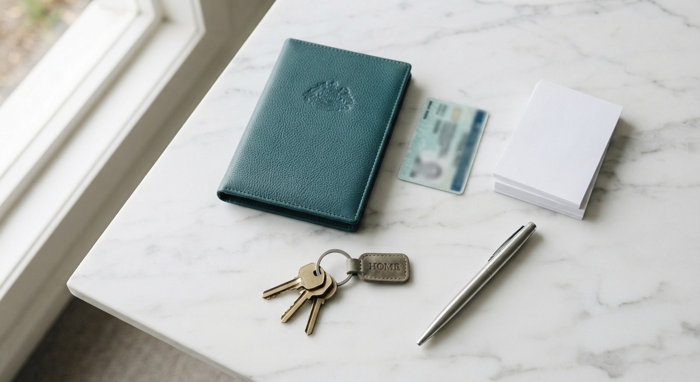 Property documents, house keys and pen on a clean surface